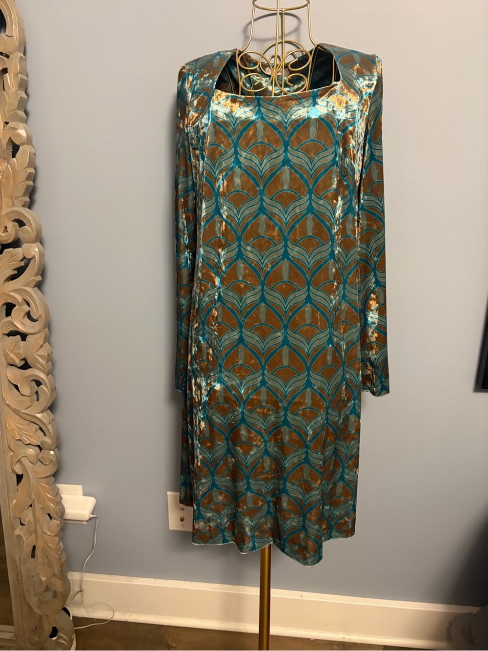 Sioni Teal and Bronze Long Sleeve Shift Dress